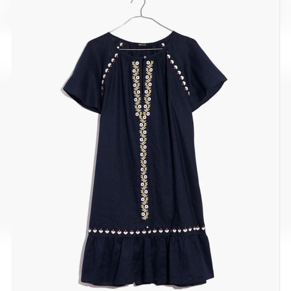 Madewell Embroidered Linen-Blend Raglan Ruffle Mini Dress In Deep Navy